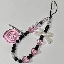 【花印爱心信封】串珠手机链手机壳配饰黑蝴蝶结长款爱心黑蝴蝶结