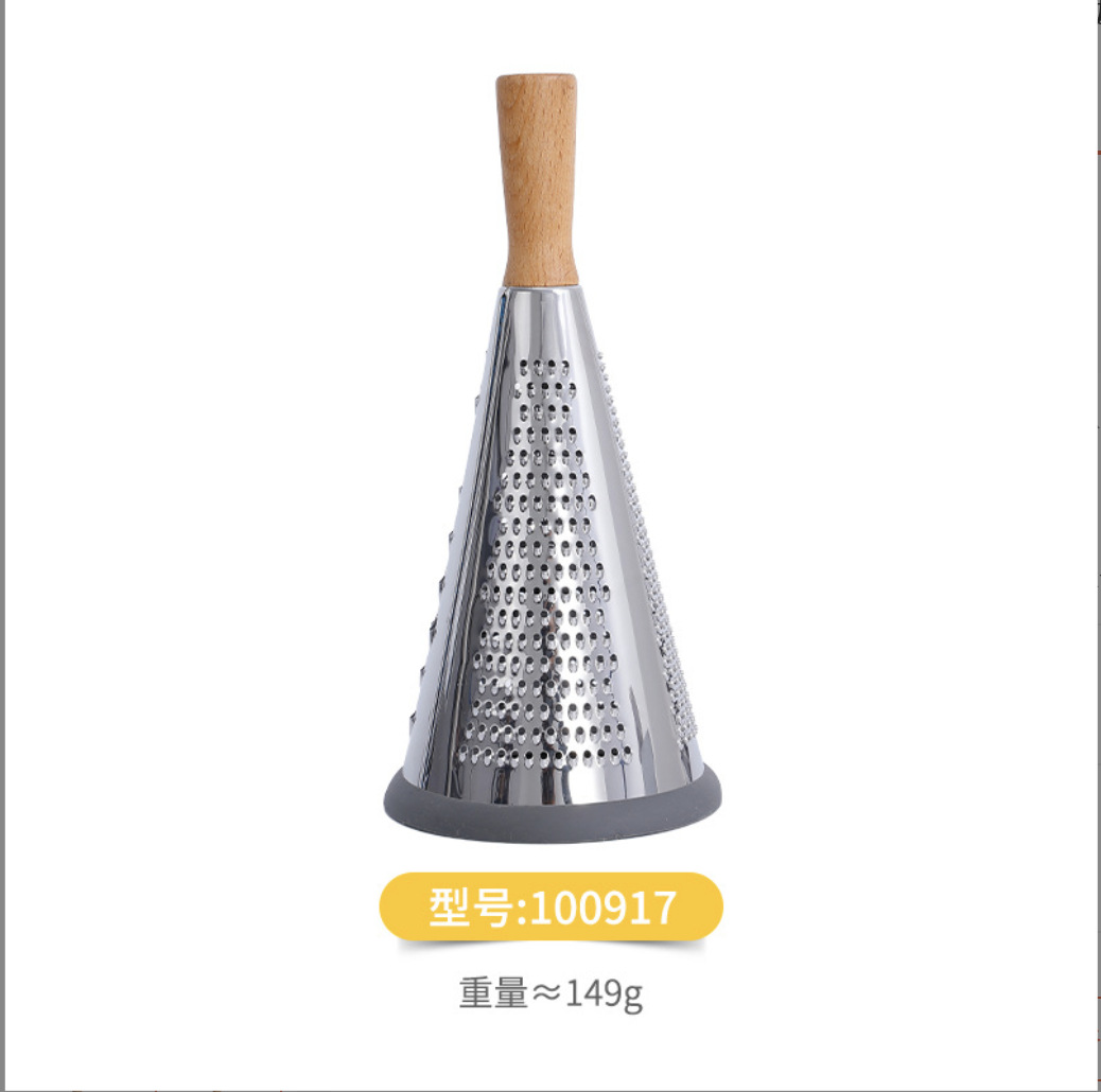 Rallador Cónico de Cocina de 3 Lados de Acero Inoxidable 430 y Madera de Acacia Multifuncional para Cocina