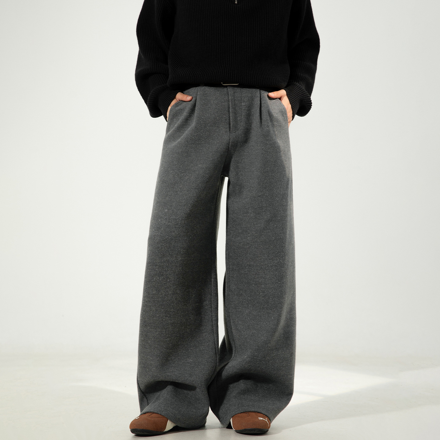 重磅质感毛呢西裤男秋季新款直筒宽松打褶休闲裤肌理感加厚长裤子