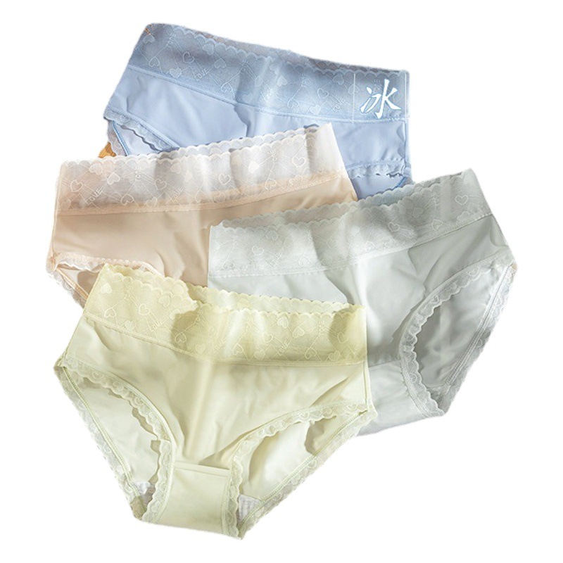 Ropa interior sin costuras de seda de hielo borde de encaje de mujer entrepierna antibacteriana de algodón de cintura media calzoncillos delgados transpirables cómodos de niña japonesa