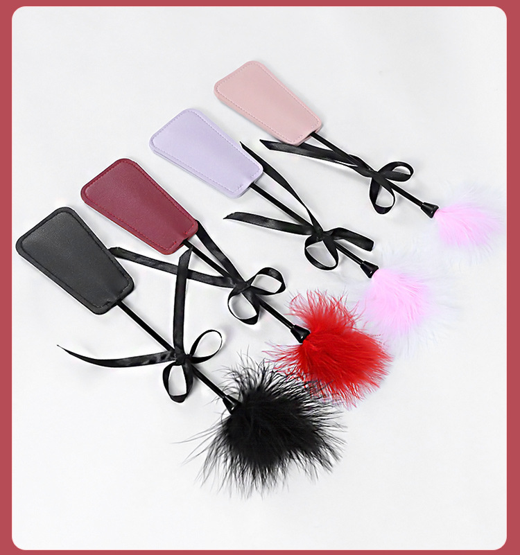 SM Bow Feather Racket Bondage Toy for Couples, Black PU Leather with Turkey Feather — detail image 24