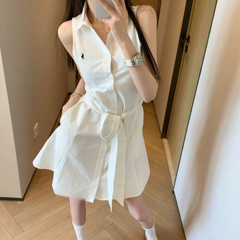 Original label, scannable QR code, Ralph Lauren pony logo embroidered sleeveless white dress, polo collar, tie-waist dress