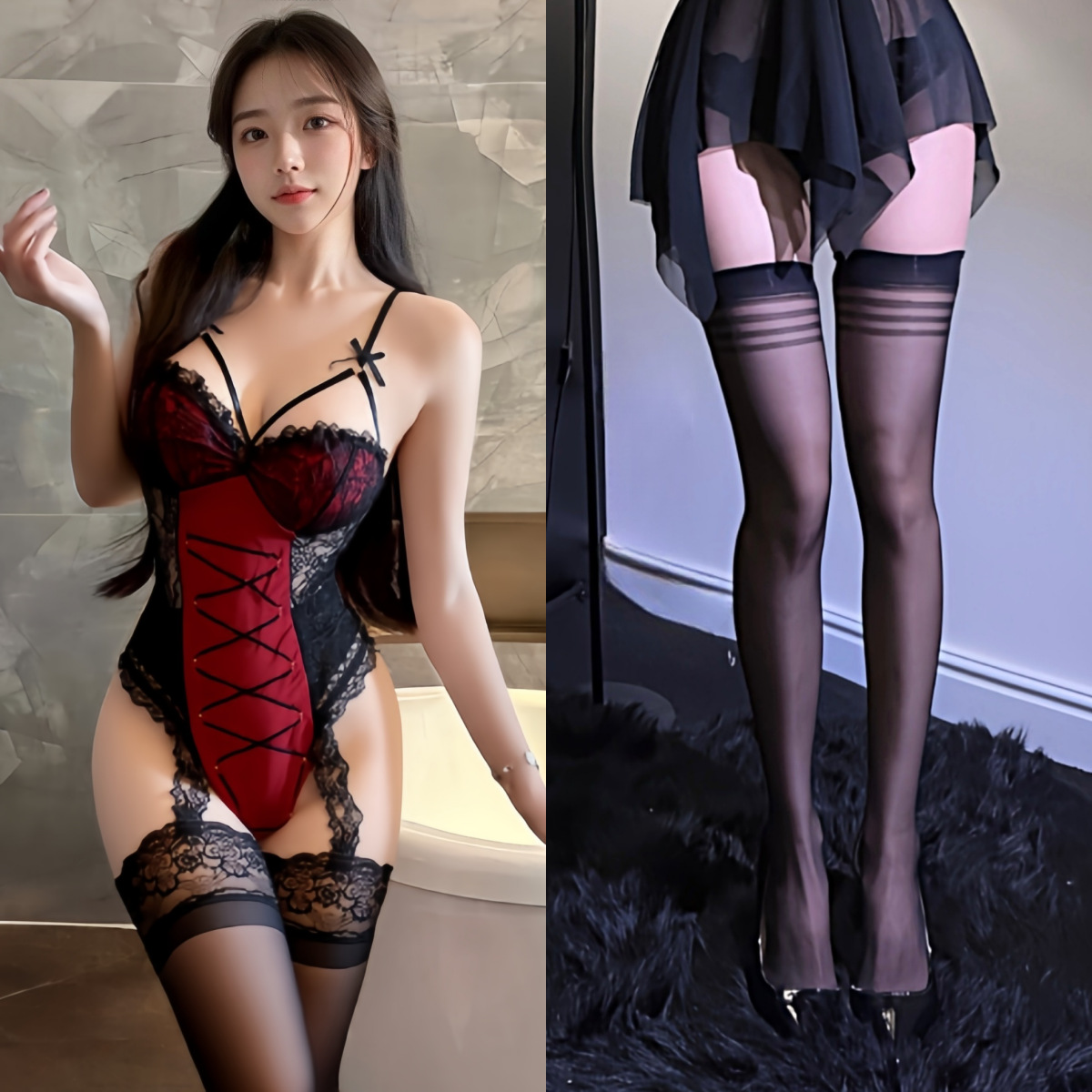 점프수트 + 검정색 줄무늬 양말