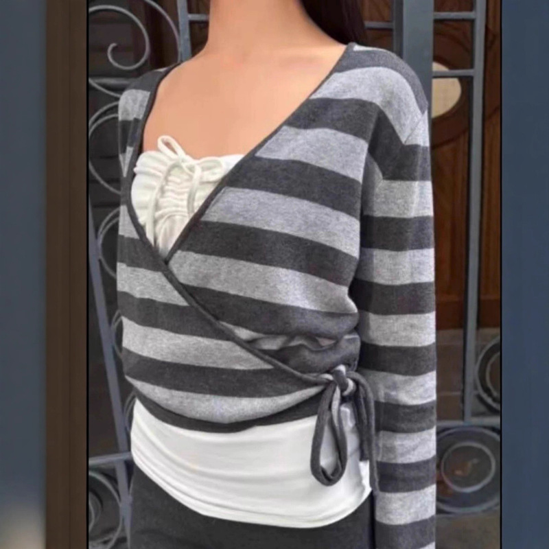 Bm Style New American Retro Dark Gray Striped Knit Cross-Tie Cardigan Women's Bm Sweater Knitwear Bm Style New American Retro Dark Gray Striped Knit Cross-Tie Cardigan Women's Bm Sweater Knitwear