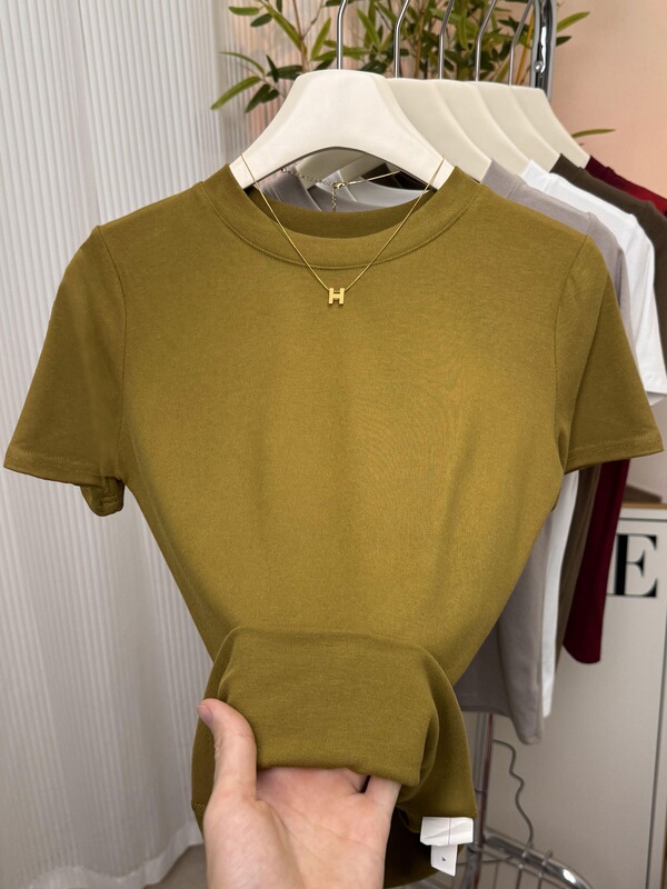 フラワーグレーラウンドネック半袖スリムフィットシャツ女性の夏の新しい気質ハイエンドストレッチトップTシャツトレンディ|undefined