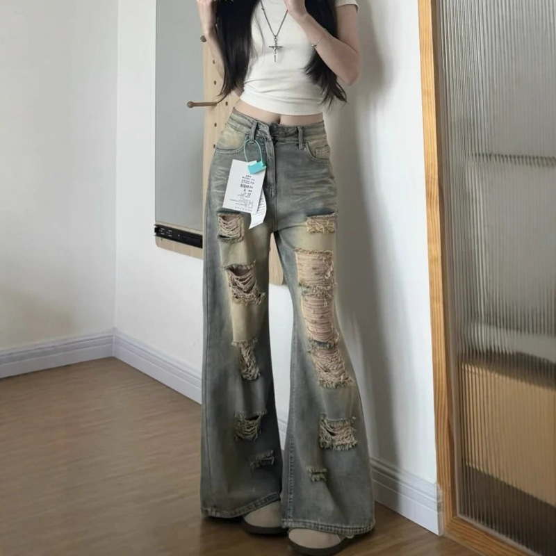 Petite American Retro Distressed Flared Jeans for Women, High-Waisted, Loose, Slimming, Straight-Leg, Floor-Length Pants