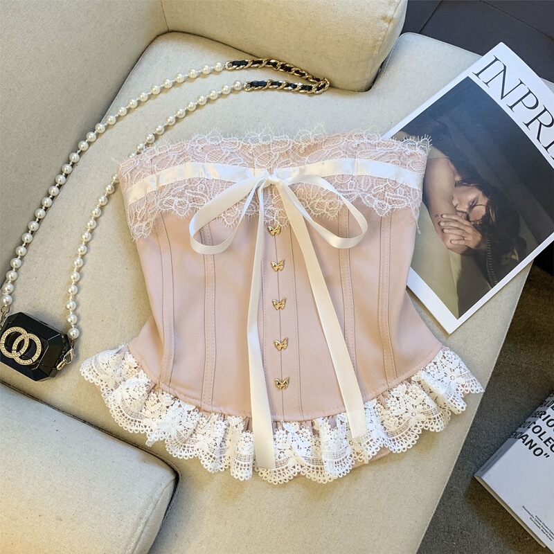 Sweet and Elegant Versatile Lace-Trimmed Tie-Bow Slim-Fit Butterfly Buckle Short Tube Top for Women
