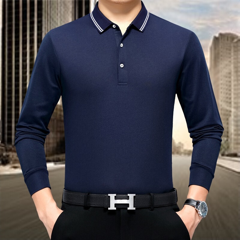 2025 Autumn and Winter High-End Brand Men's Mulberry Silk Long-Sleeved Versatile Business Casual Lapel Simple and Comfortable T-Shirt