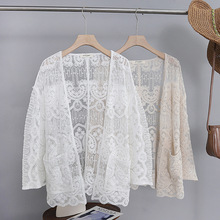 春夏V领七分袖纯棉开衫韩国刺绣编织钩花蕾丝上衣女镂空外搭披肩