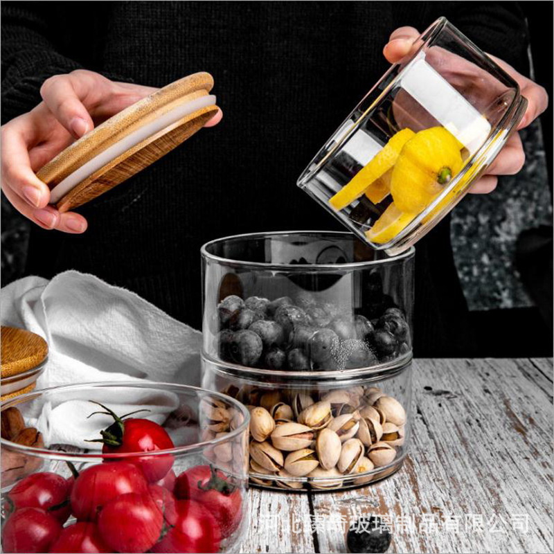 High Borosilicate Glass Multi-layer Bamboo Lid Superimposed With Grain Combination Storage Jar Fruit And Vegetable Creative Salad Bowl