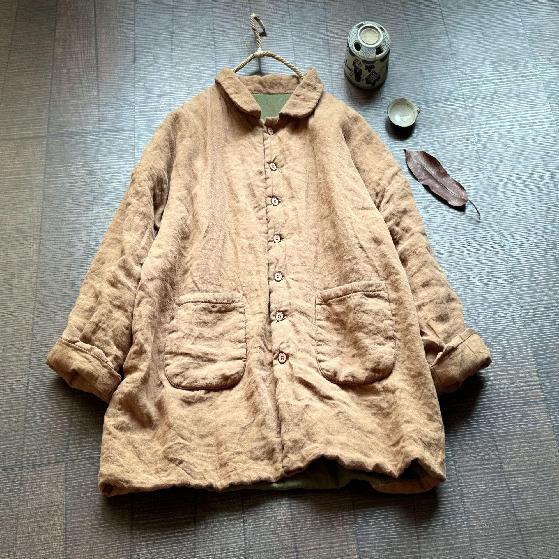 4389高品質砂洗亜麻女装綿服文芸レトロゆるい亜麻綿服の中の長さは綿の上着を挟んでいる