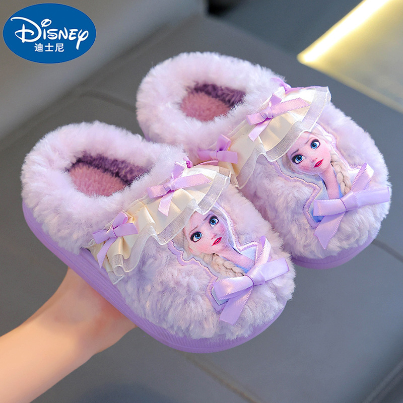 Disney winter girls' cotton slippers, warm and fleece-lined, with non-slip soles, featuring Elsa the princess, cute and perfect for indoor wear
