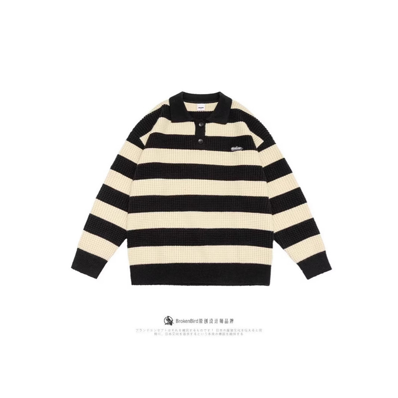 Winter Japanese POLO Collar Striped Sweater Boys Fashion Brand Autumn and Winter Lazy Couple Loose Knit Top