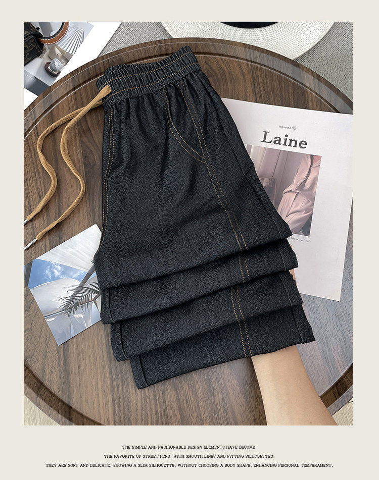 Quần jean nữ ống rộng cạp cao vải denim mỏng nhẹ dáng suông — Đen - Loại thông thường chi tiết 12