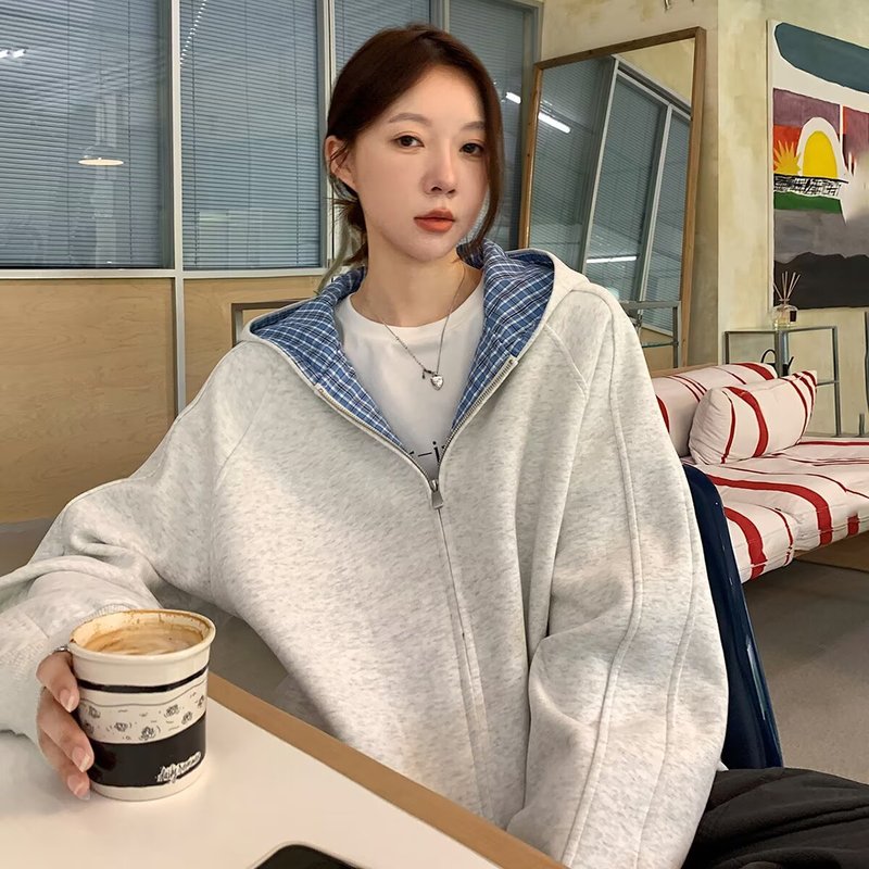 美式高街双面穿千鸟格外套女春秋cleanfit情侣宽松开衫连帽卫衣潮|undefined