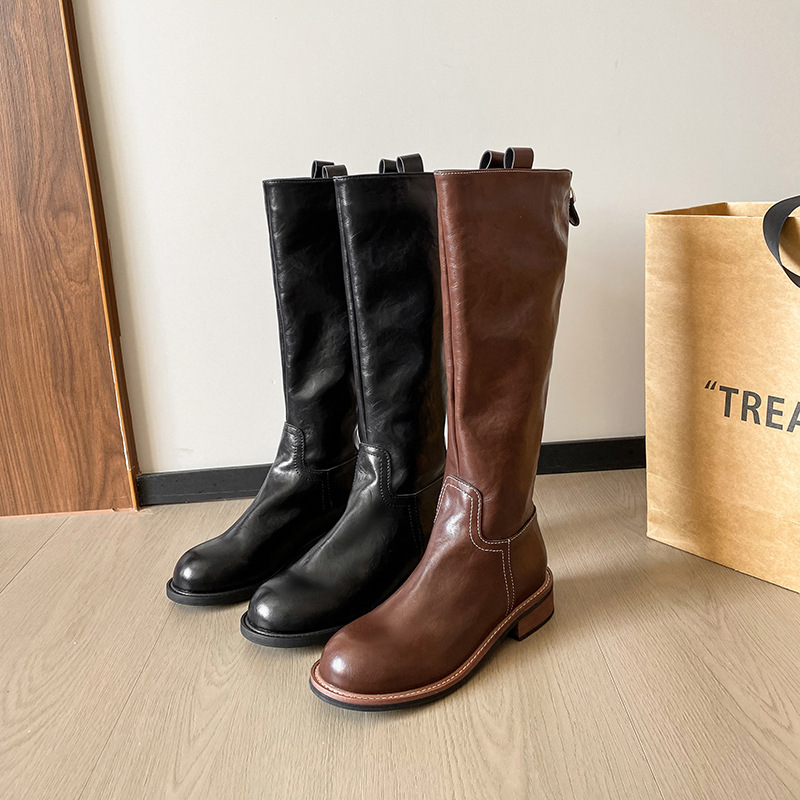 Star with 2024 new retro thick bottom knight autumn and winter pleated soft leather long tube plump size MM women's boots Star with 2024 new retro thick bottom knight autumn and winter pleated soft leather long tube plump size MM women's boots