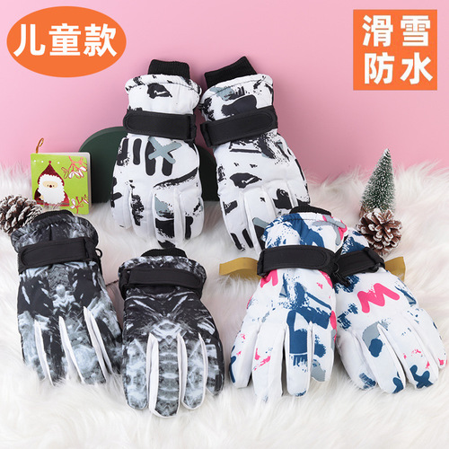 Children's Ski Snow Gloves with Fleece Lining, Thick, Waterproof, Warm, Anti-Slip, White, Doodle Proof, Cold Winter Gloves