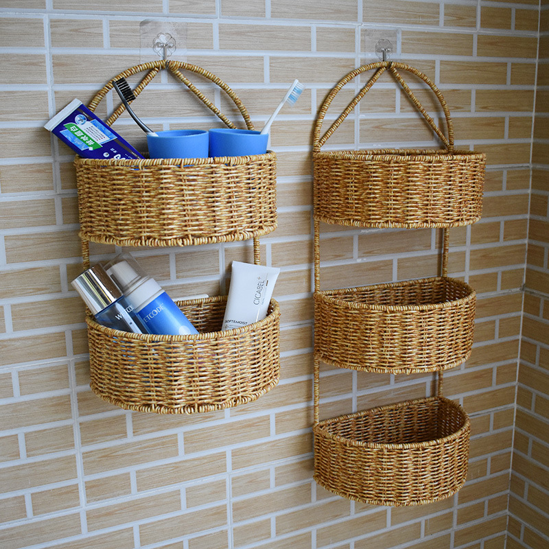 三层两层壁挂篮仿藤编织篮家用厨房姜蒜收纳筐厨具挂篮客厅整理框|undefined
