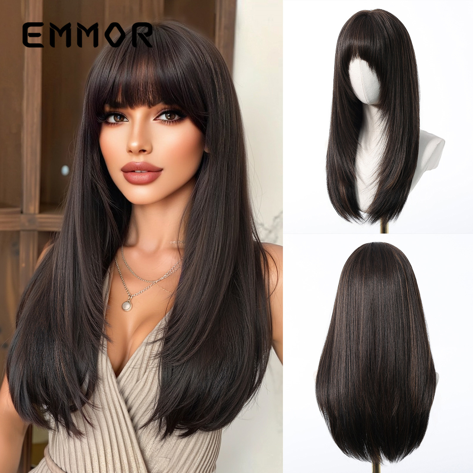 Venta caliente de comercio exterior Qi flequillo estratificado cabello liso de longitud media, corte de pelo castaño, peluca de moda, cabello completo, venta directa de fábrica