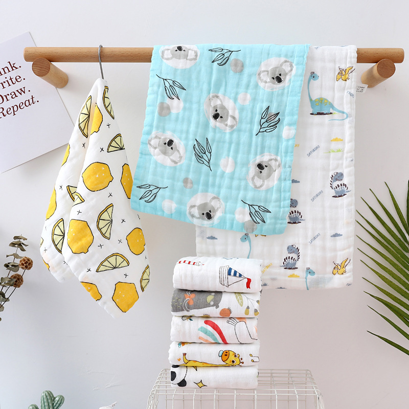 Baby Six-layer Pure Cotton Gauze Kidsren's Towel Cartoon Printed Soft and Absorbent Baby Household Hanging Face Wash Towel