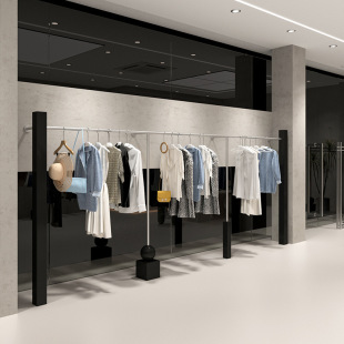 Casual Clothing Store Stainless Steel Black Wall Rack Wall-Mounted Display Rack Men's and Women's Clothing Store Shelf Clothes Hanging Rod Rack