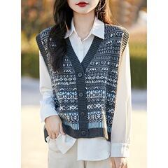 羊毛针织背心开衫女春秋季2025新款洋气提花毛衣外搭马甲坎肩外套