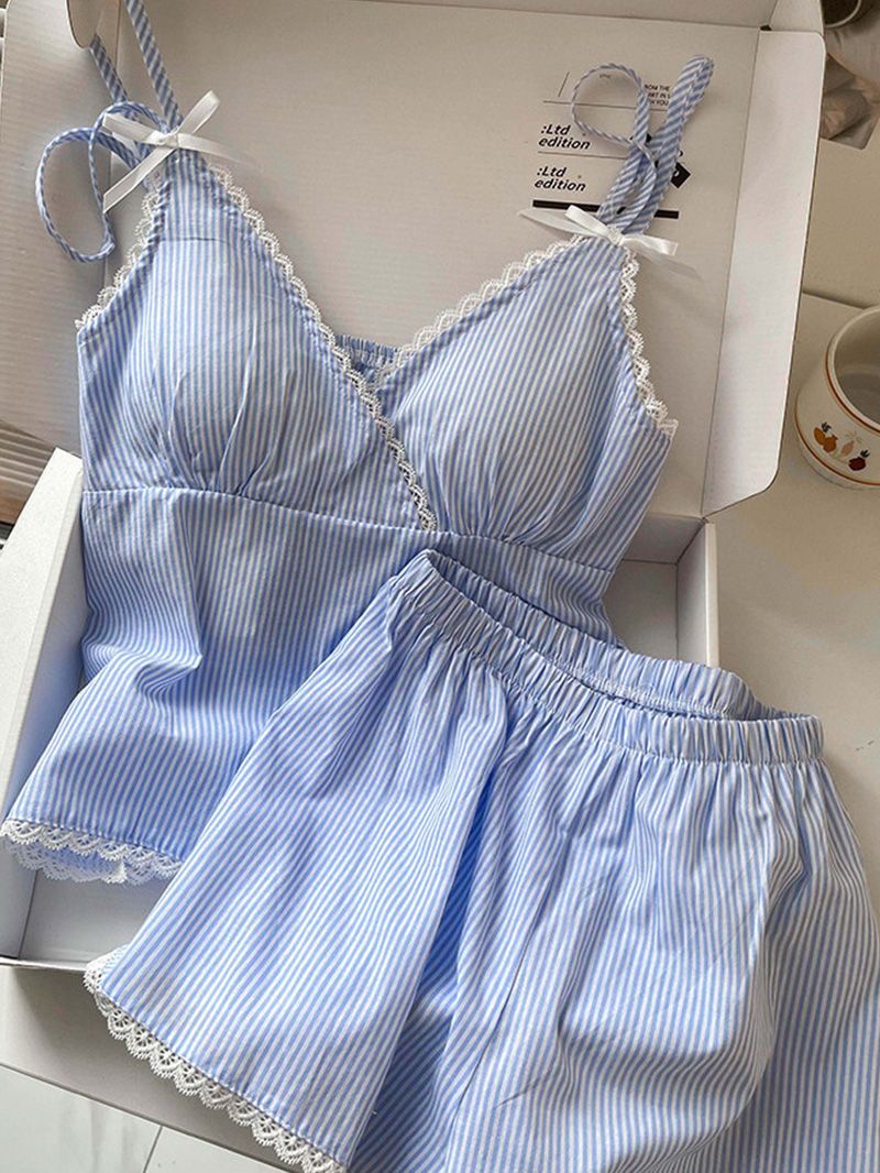 Pantalones cortos con cojín de pecho pijama de verano nuevo algodón nube de alta sensación de chicas polvo a rayas set de ropa para el hogar