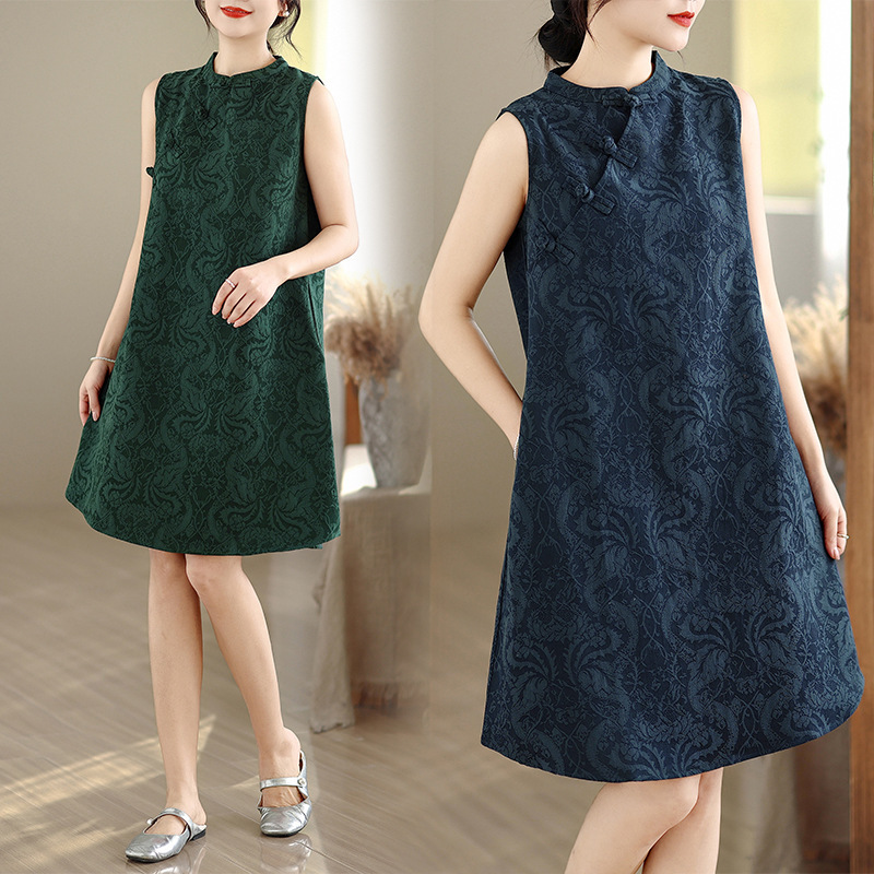 Real Shot of Retro Chinese-Style Improved Cheongsam, Hemp-Cotton Jacquard, Artistic Loose-Fitting Dress for Women Real Shot of Retro Chinese-Style Improved Cheongsam, Hemp-Cotton Jacquard, Artistic Loose-Fitting Dress for Women