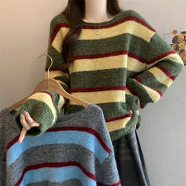 复古彩色撞色条纹圆领软糯针织衫女秋冬新款宽松休闲百搭长袖毛衣