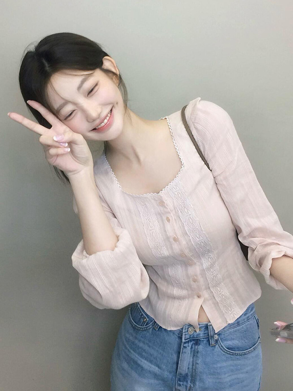 甜美风显瘦方领单排扣长袖上衣小衫女秋季新款复古文艺纯色衬衫女|undefined