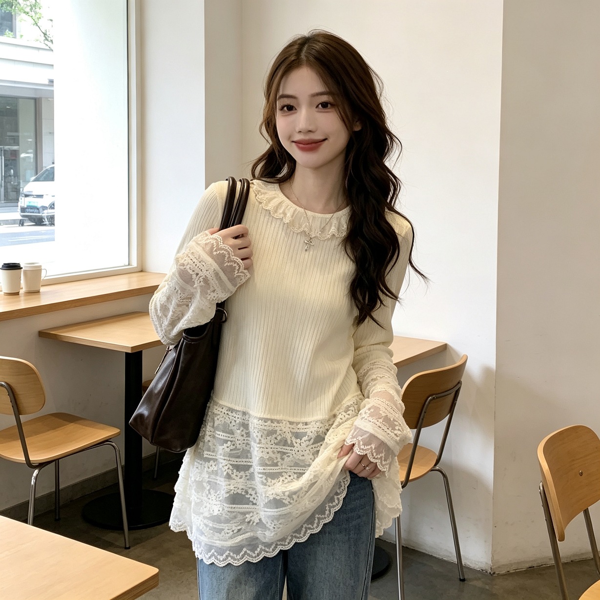 DY812甜美风蕾丝拼接花边上衣女2026早秋新款漂亮时尚百搭ins潮