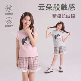 儿童短套装夏季精梳棉女童印花T恤格子阔腿裤婴儿衣服批发