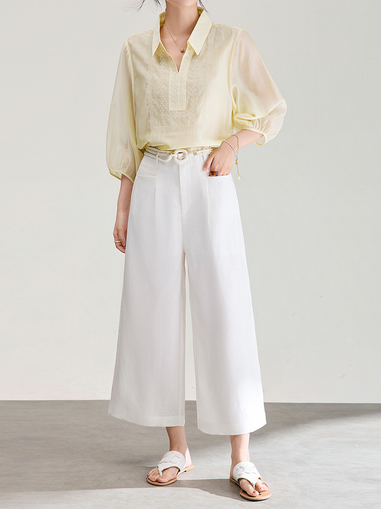 Quần culottes nữ ống rộng chất liệu linen phối sợi tencel, cạp cao dáng suông, mặc mùa hè thoáng mát — Xanh lông mòng đen