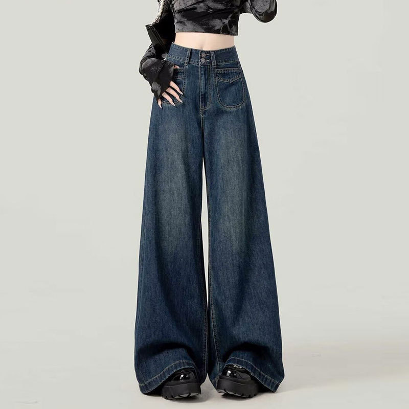 Niche Double Buckle Design Rear Leather Label High Waist Denim Straight Leg Pants Women's New Loose Meat Covering Long Pants with Wide Legs