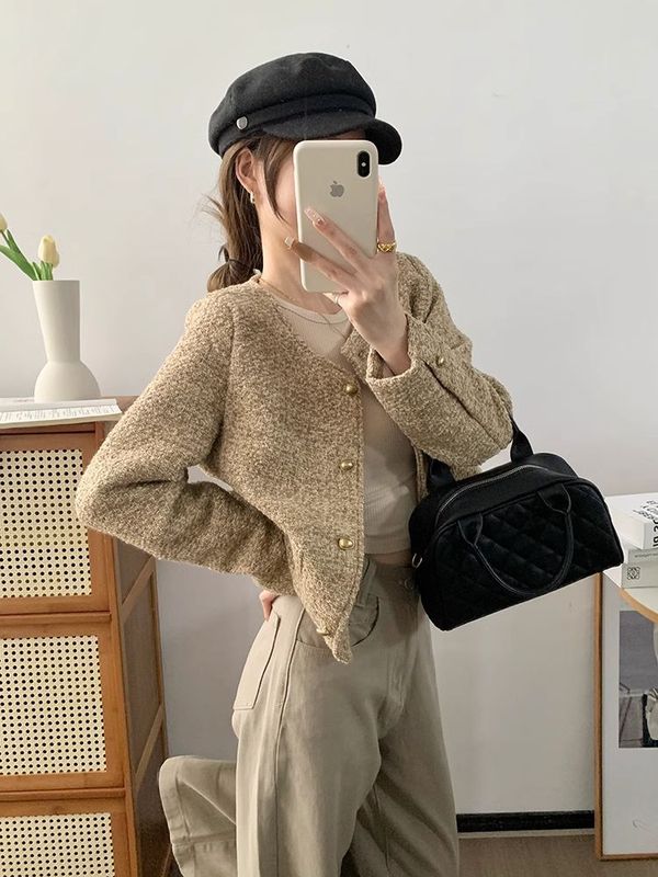 编织粗花呢小香风短外套女2025春秋感小个子圆领垫肩上衣跨境批发|undefined