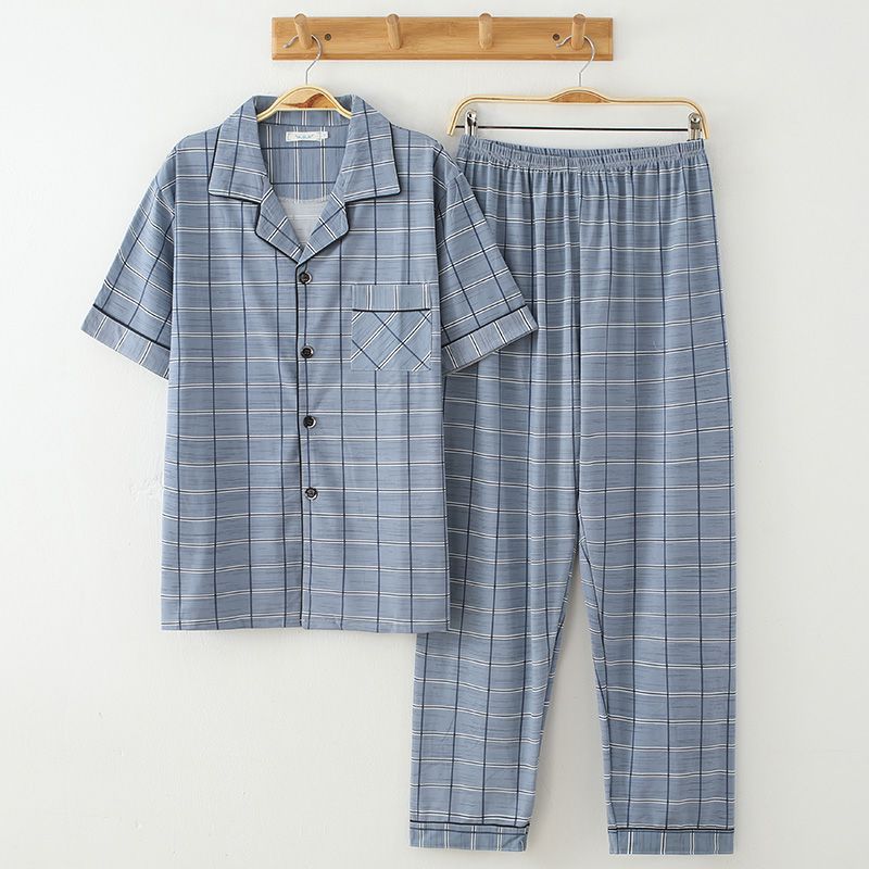 Pijamas de algodón de los hombres de primavera y verano Pantalones delgados de manga corta cardigan niños pueden usar fuera más tamaño homewear de verano