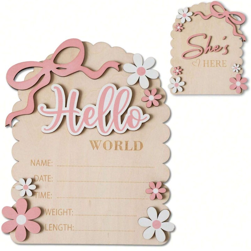 Baby Shower Hello World Newborn Wooden Sign Pink Bow Baby Growth Keepsake for Mom Baby Shower Hello World Newborn Wooden Sign Pink Bow Baby Growth Keepsake for Mom