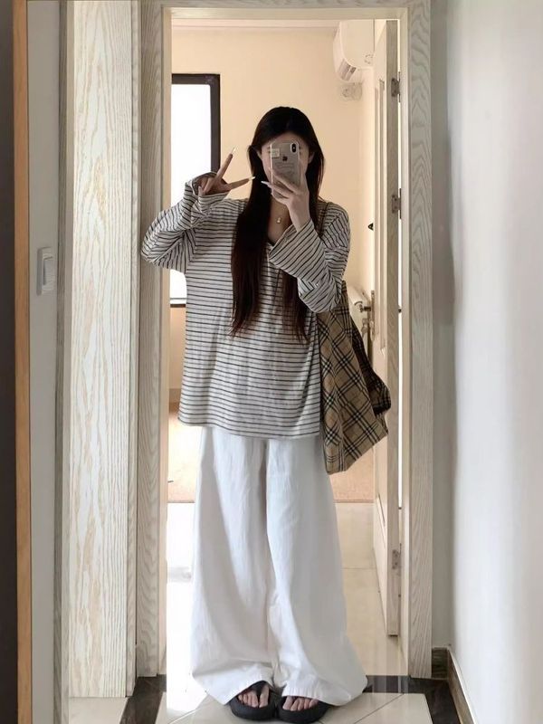 美式复古u领条纹长袖t恤女早秋新款宽松显瘦松弛慵懒防晒罩衫上衣|undefined