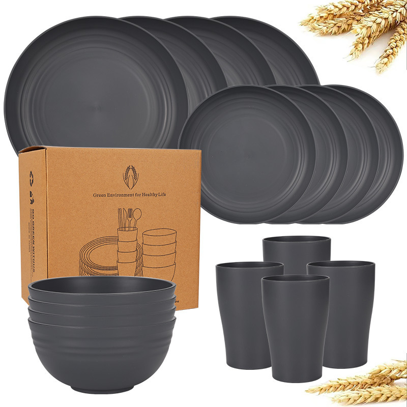 Cross-border foreign trade e-commerce wheat straw dinner plate soup bowl cup tableware 16-piece black dish plate gift suit