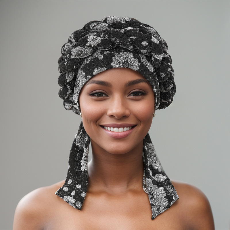 Cross-border European and American New Gold Stretch Print Double Braid Strap Pirate Long Tail Hat Ethnic Fashion All-match Headscarf