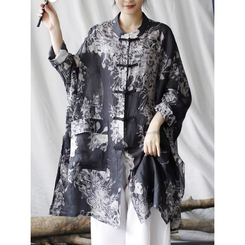 Светло-чернильная рубашка средней длиной с принтом национального стиля ретро-стоячий воротник, солнцезащитный крем, дзен, свободная куртка большого размера летом