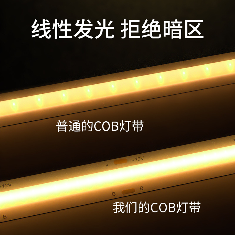 Tira de luz COB autoadhesiva de 12V/24V de bajo voltaje, tira de luz LED flexible y suave para decoración del hogar, techo, gabinete, centro comercial, luz de alta reproducción cromática