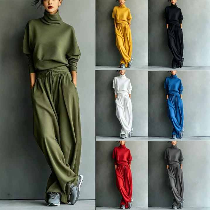 2026 In-Stock European and American Cross-Border New Solid Color High-Neck Sweatshirt and Wide-Leg Pants Set Casual Loose Two-Piece Set for Autumn and Winter