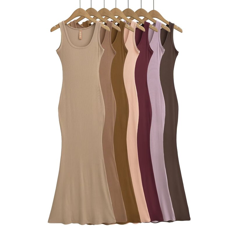 Hot Girl low round neck waist sleeveless narrow shoulder vest dress fishtail mop lengthened tall dress