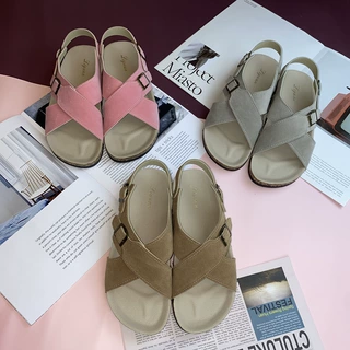 2023年外贸跨境Slippers春夏新款复古日系交叉软木沙滩露趾凉鞋女
