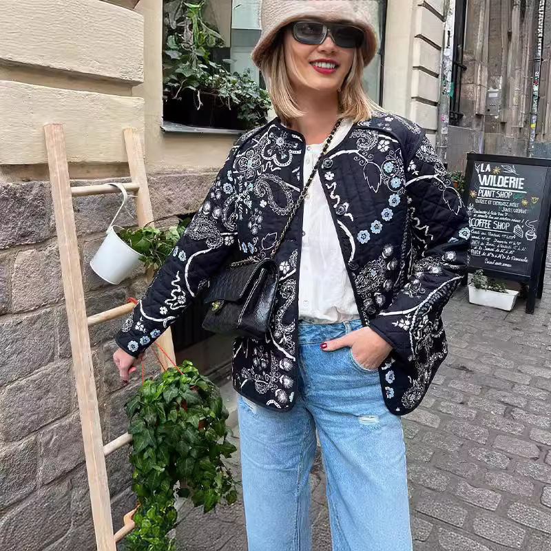 Cross-Border Large Size European and American Winter Clothing for Women New Retro Patchwork Printed Cotton Outwear O-Neck Long-Sleeved Flap Pocket Pants Short Outwear for Women