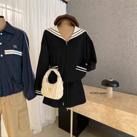 WGWE8068航行秋日海军领学院风黑色卫衣套装外套