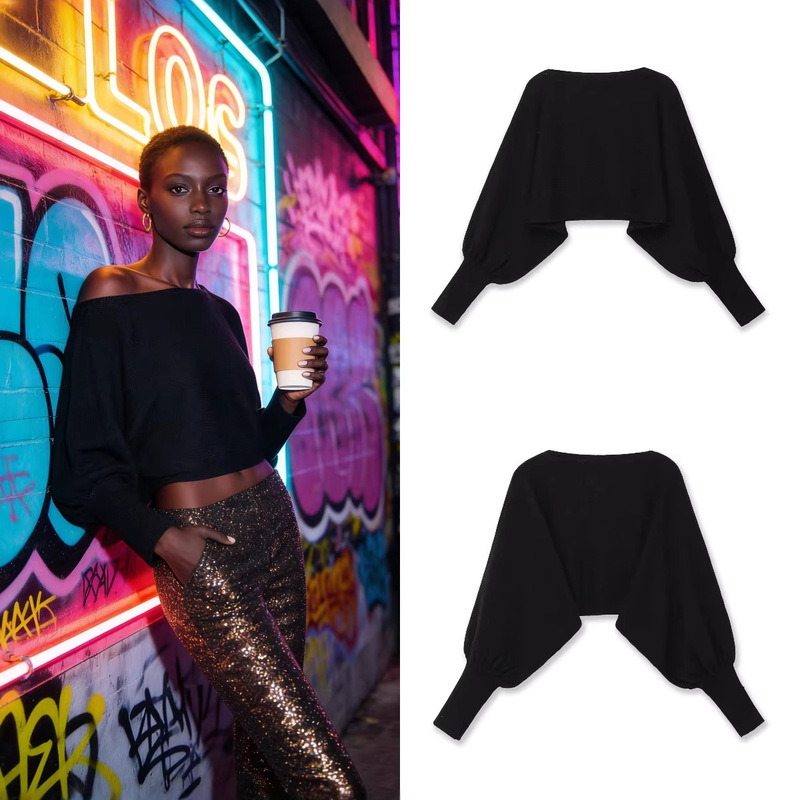 Foreign Trade Cross-Border Wholesale of Ready-Stock European and American Style Women's Clothing, Autumn Fashion Puff Sleeve Off-The-Shoulder Short Knit Top Foreign Trade Cross-Border Wholesale of Ready-Stock European and American Style Women's Clothing, Autumn Fashion Puff Sleeve Off-The-Shoulder Short Knit Top