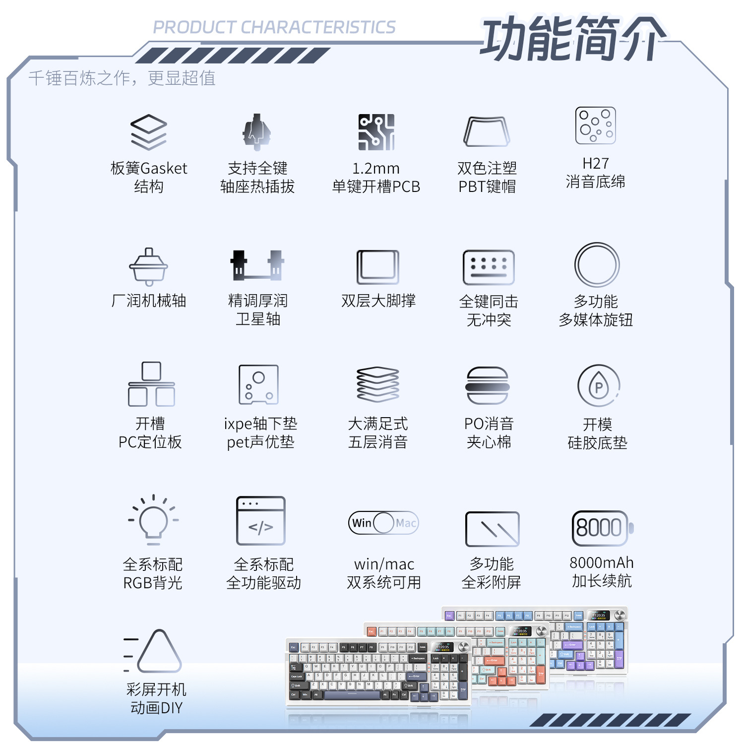 Teclado mecánico de plata 95D triple modo AS cristal de hielo transparente PC inalámbrico Bluetooth 98 matriz RGB cableado teclado personalizado