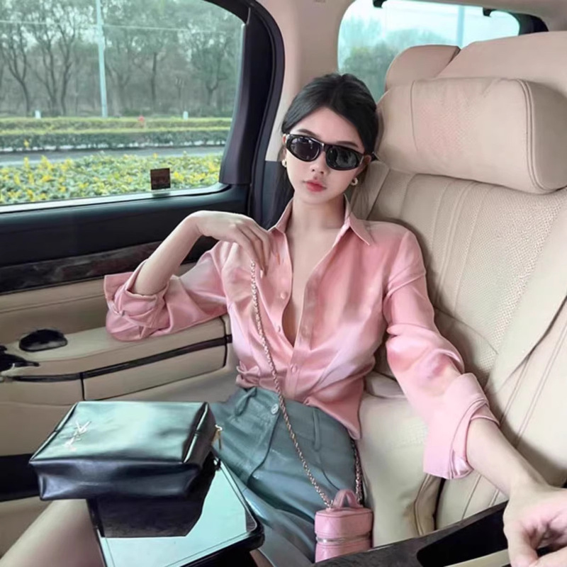 Fashion Acetate Satin Pink Shirt for Women Early Autumn 2025 New Style Long-Sleeve French-Style Cinched Waist Regular Shoulder Blouse Top Fashion Acetate Satin Pink Shirt for Women Early Autumn 2025 New Style Long-Sleeve French-Style Cinched Waist Regular Shoulder Blouse Top